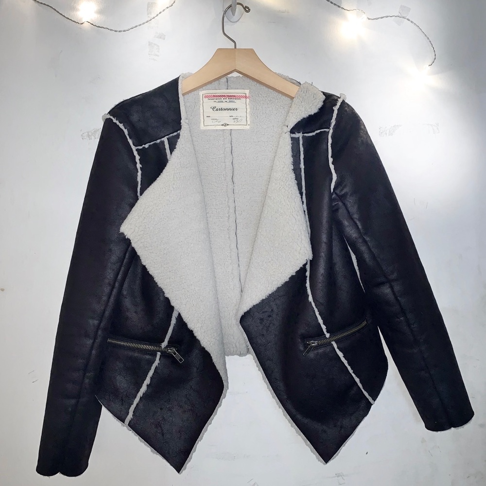 Anthropologie Black Faux-Shearling Teddy Jacket with Cream Lining